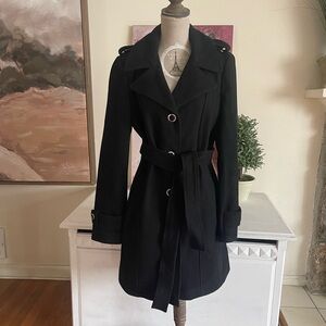 Calvin Klein Black Belted Trench Wool Blend Coat